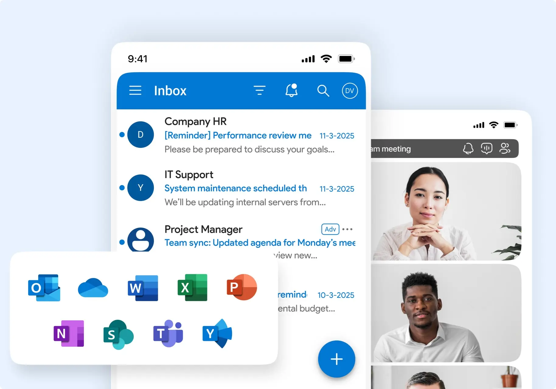 Solution de messagerie Microsoft 365 avec logos Word, Excel,Teams et d’autres applications compatibles